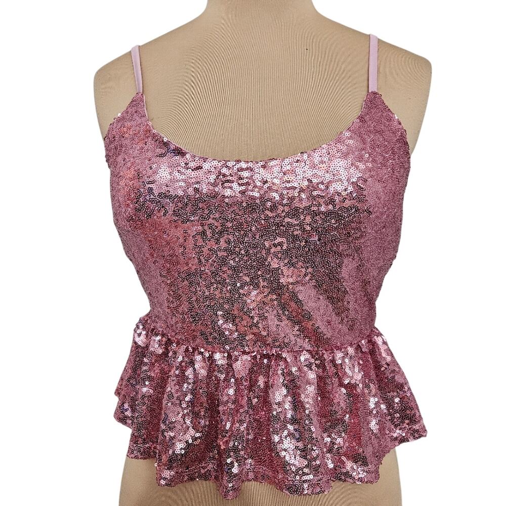 New Crave Fame Pink Sequin Peplum Tank Top Women’s Sz M Party Clubwear Swifty